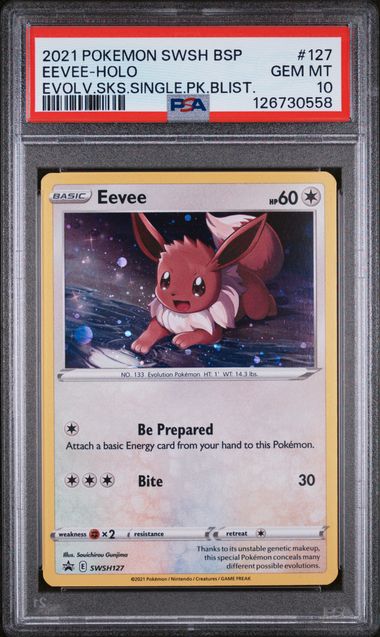 2021 POKEMON SWSH BLACK STAR PROMO #127 EEVEE-HOLO EVOLV.SKS.SINGLE.PK.BLIST. PSA 10