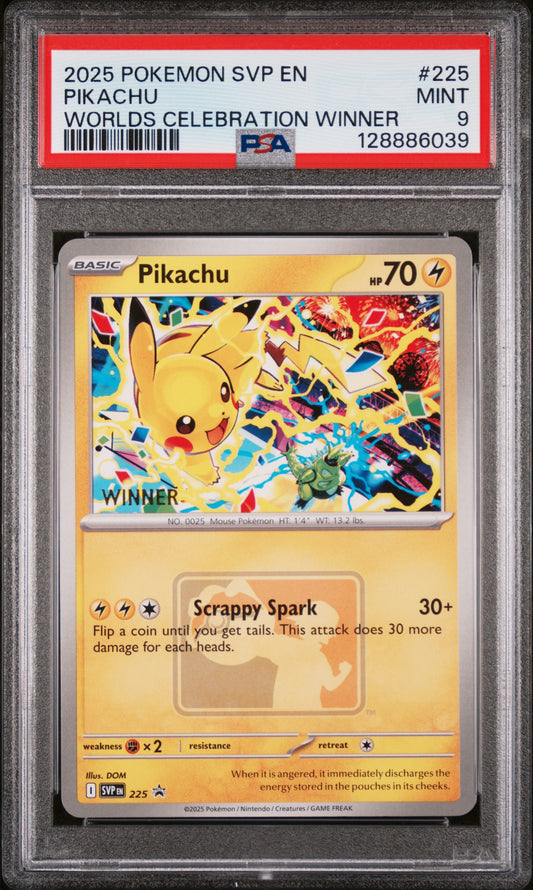 2025 POKEMON SVP EN-SV BLACK STAR PROMO #225 PIKACHU WORLDS CELEBRATION WINNER PSA 9