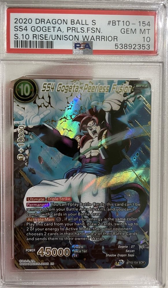 2020 DRAGON BALL SUPER CARD GAME SERIES 10 RISE OF THE UNISON WARRIOR #BT10-154 SS4 GOGETA, PEERLESS SECRET RARE PSA 10
