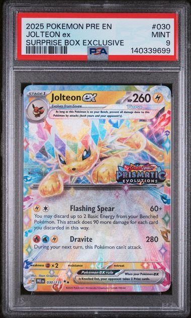 2025 POKEMON PRE EN-PRISMATIC EVOLUTIONS #030 JOLTEON ex SURPRISE BOX EXCLUSIVE PSA 9