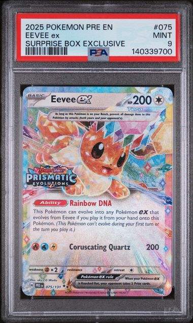 2025 POKEMON PRE EN-PRISMATIC EVOLUTIONS #075 EEVEE ex SURPRISE BOX EXCLUSIVE PSA 9
