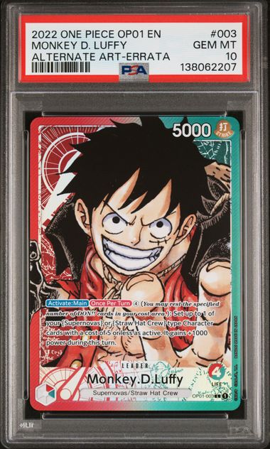 2022 ONE PIECE OP01-ROMANCE DAWN #003 MONKEY D. LUFFY ALTERNATE ART-ERRATA PSA 10