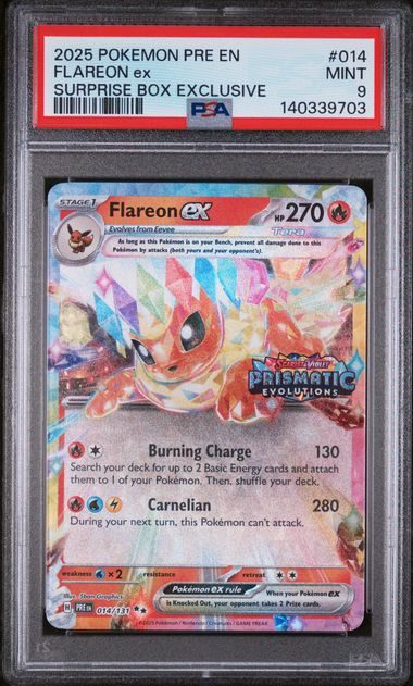 2025 POKEMON PRE EN-PRISMATIC EVOLUTIONS #014 FLAREON ex SURPRISE BOX EXCLUSIVE PSA 9