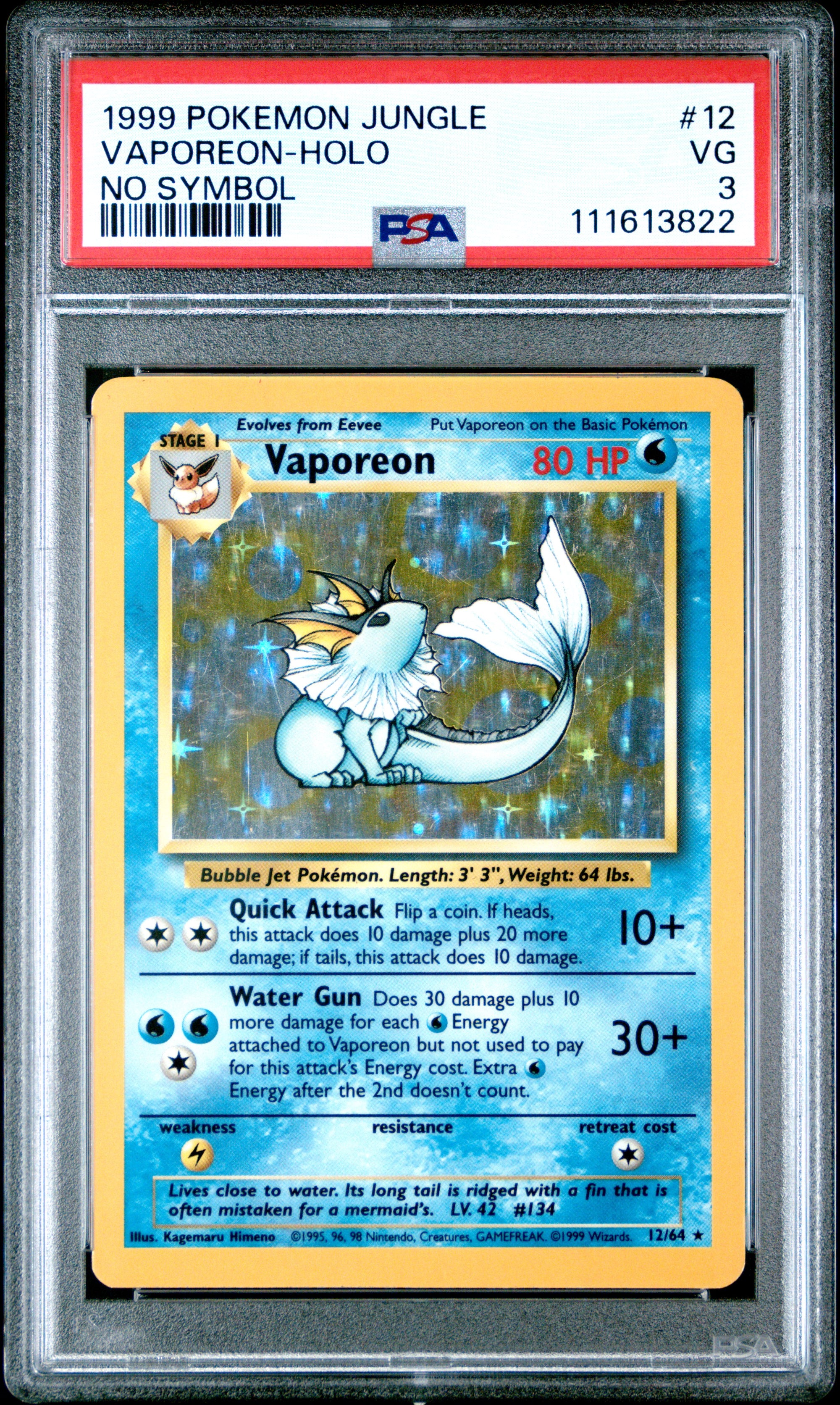 1999 POKEMON JUNGLE #12 VAPOREON-HOLO NO SYMBOL PSA 3