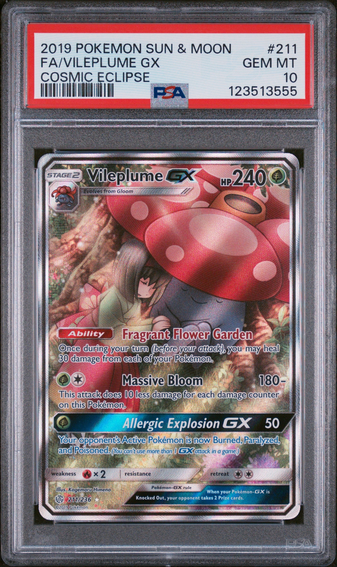 2019 POKEMON SUN & MOON COSMIC ECLIPSE #211 FA/VILEPLUME GX COSMIC ECLIPSE PSA 10