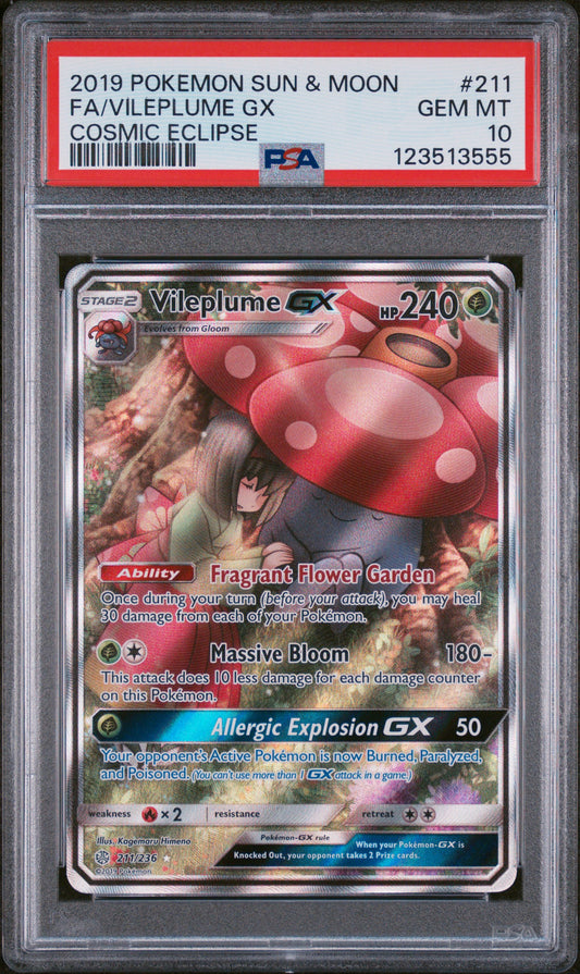 2019 POKEMON SUN & MOON COSMIC ECLIPSE #211 FA/VILEPLUME GX COSMIC ECLIPSE PSA 10