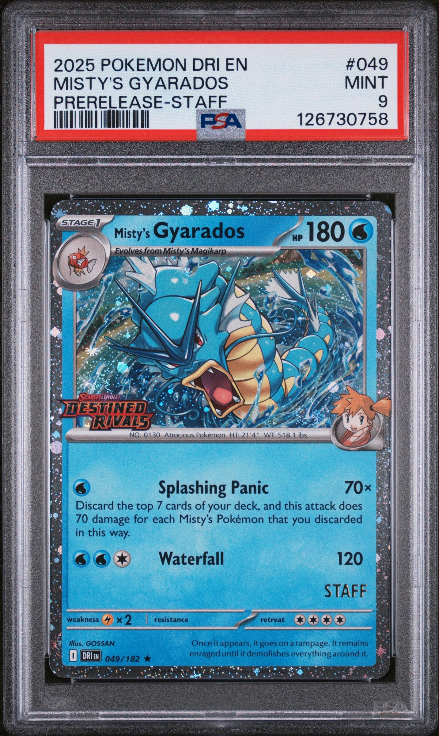 2025 POKEMON DRI EN-DESTINED RIVALS #049 MISTY'S GYARADOS PRERELEASE-STAFF PSA 9