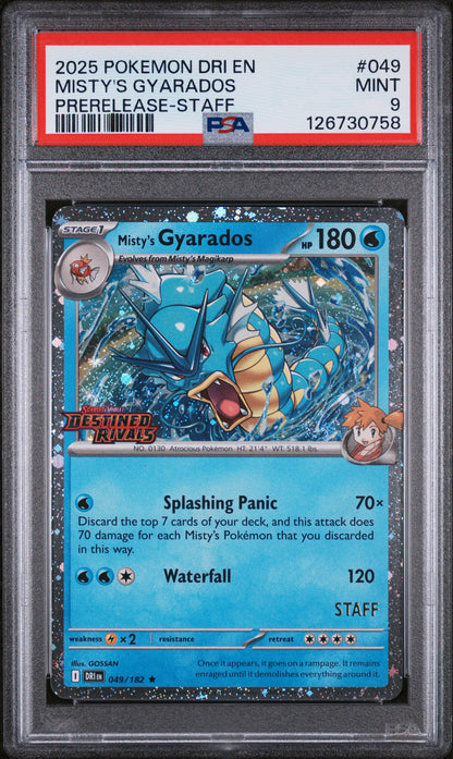 2025 POKEMON DRI EN-DESTINED RIVALS #049 MISTY'S GYARADOS PRERELEASE-STAFF PSA 9