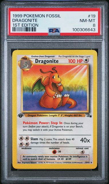 1999 POKEMON FOSSIL #19 DRAGONITE 1ST EDITION PSA 8