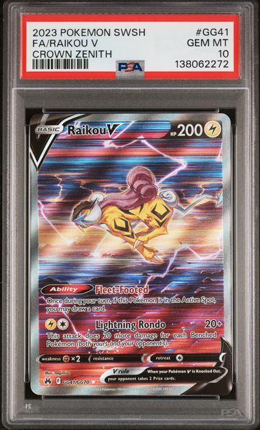 2023 POKEMON SWORD AND SHIELD CROWN ZENITH #GG41 FA/RAIKOU V CROWN ZENITH PSA 10