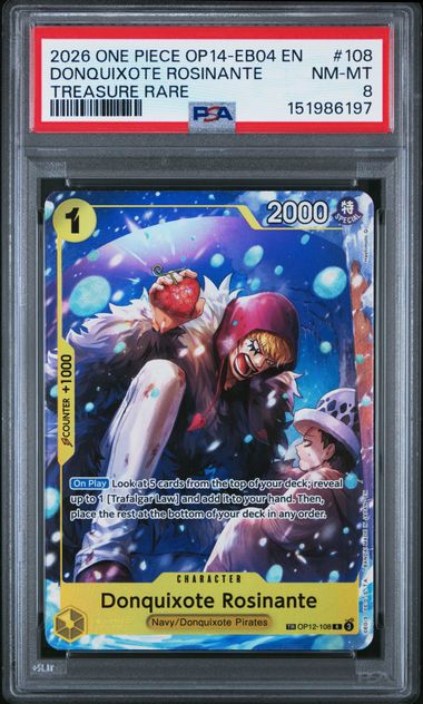 2026 ONE PIECE OP14-EB04-THE AZURE SEA'S SEVEN #108 DONQUIXOTE ROSINANTE TREASURE RARE PSA 8