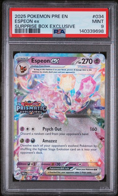 2025 POKEMON PRE EN-PRISMATIC EVOLUTIONS #034 ESPEON ex SURPRISE BOX EXCLUSIVE PSA 9