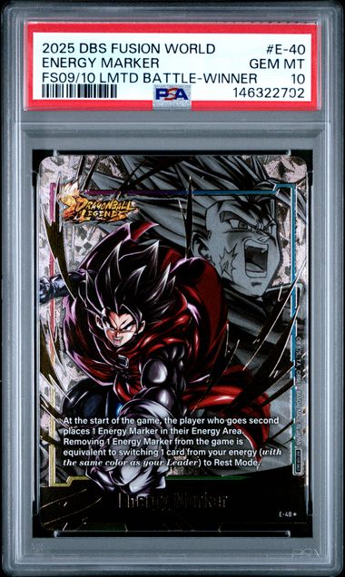 2025 DRAGON BALL SUPER CARD GAME FUSION WORLD DRAGON BALL LEGENDS DECK LIMITED BATTLE #E-39 & E-40 ENERGY MARKER FS09/10 LMTD BATTLE-WINNER SEQUENTIAL PSA 10