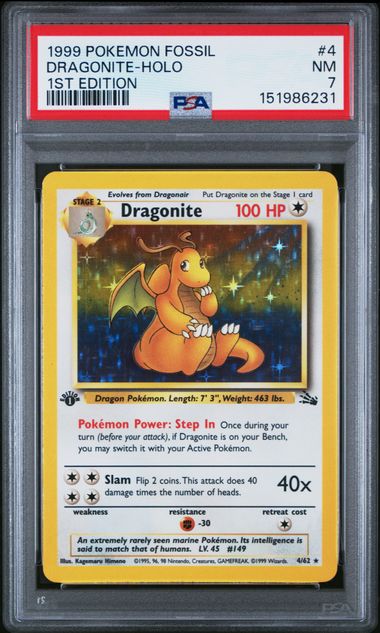 1999 POKEMON FOSSIL #4 DRAGONITE-HOLO 1ST EDITION PSA 7