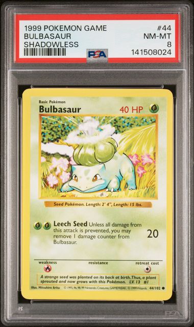 1999 POKEMON GAME #44 BULBASAUR SHADOWLESS PSA 8