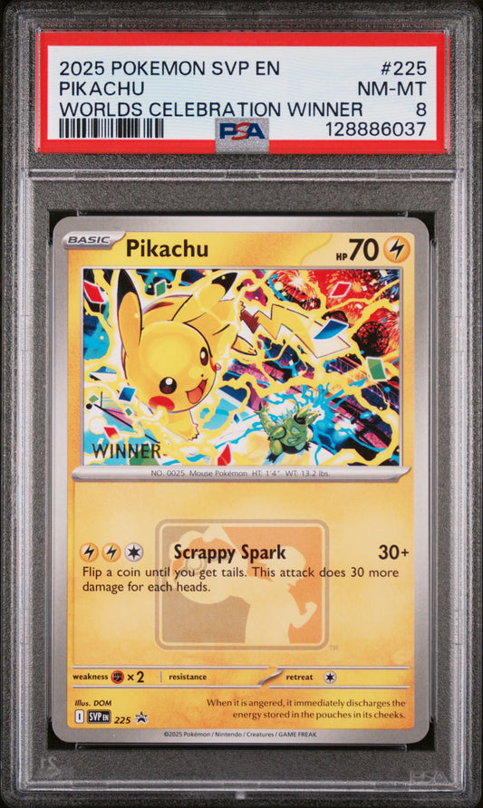 2025 POKEMON SVP EN-SV BLACK STAR PROMO #225 PIKACHU WORLDS CELEBRATION WINNER PSA 8