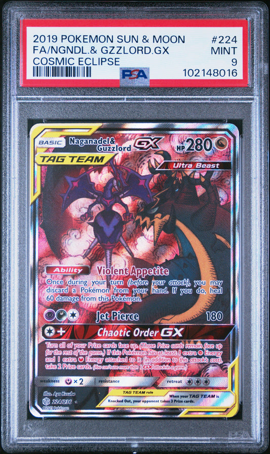 2019 POKEMON SUN & MOON COSMIC ECLIPSE #224 FA/NGNDL.& GZZLORD.GX COSMIC ECLIPSE PSA 9