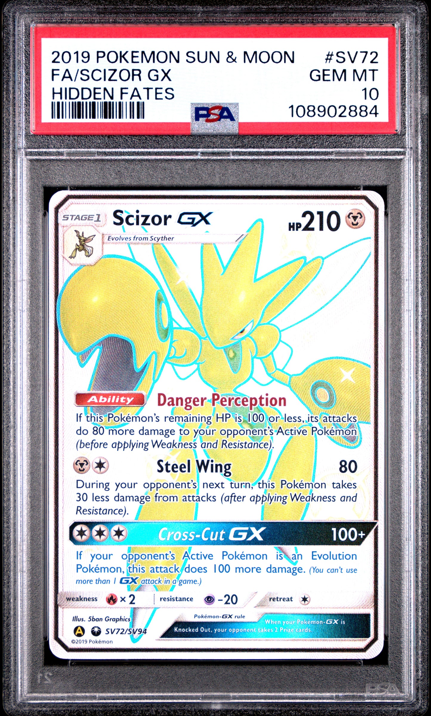 2019 POKEMON SUN & MOON HIDDEN FATES #SV72 FA/SCIZOR GX HIDDEN FATES PSA 10