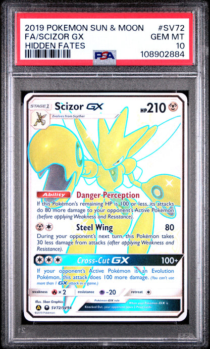 2019 POKEMON SUN & MOON HIDDEN FATES #SV72 FA/SCIZOR GX HIDDEN FATES PSA 10