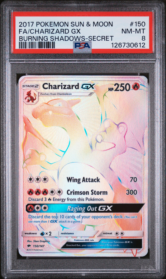 2017 POKEMON SUN & MOON BURNING SHADOWS #150 FA/CHARIZARD GX BURNING SHADOWS-SECRET PSA 8