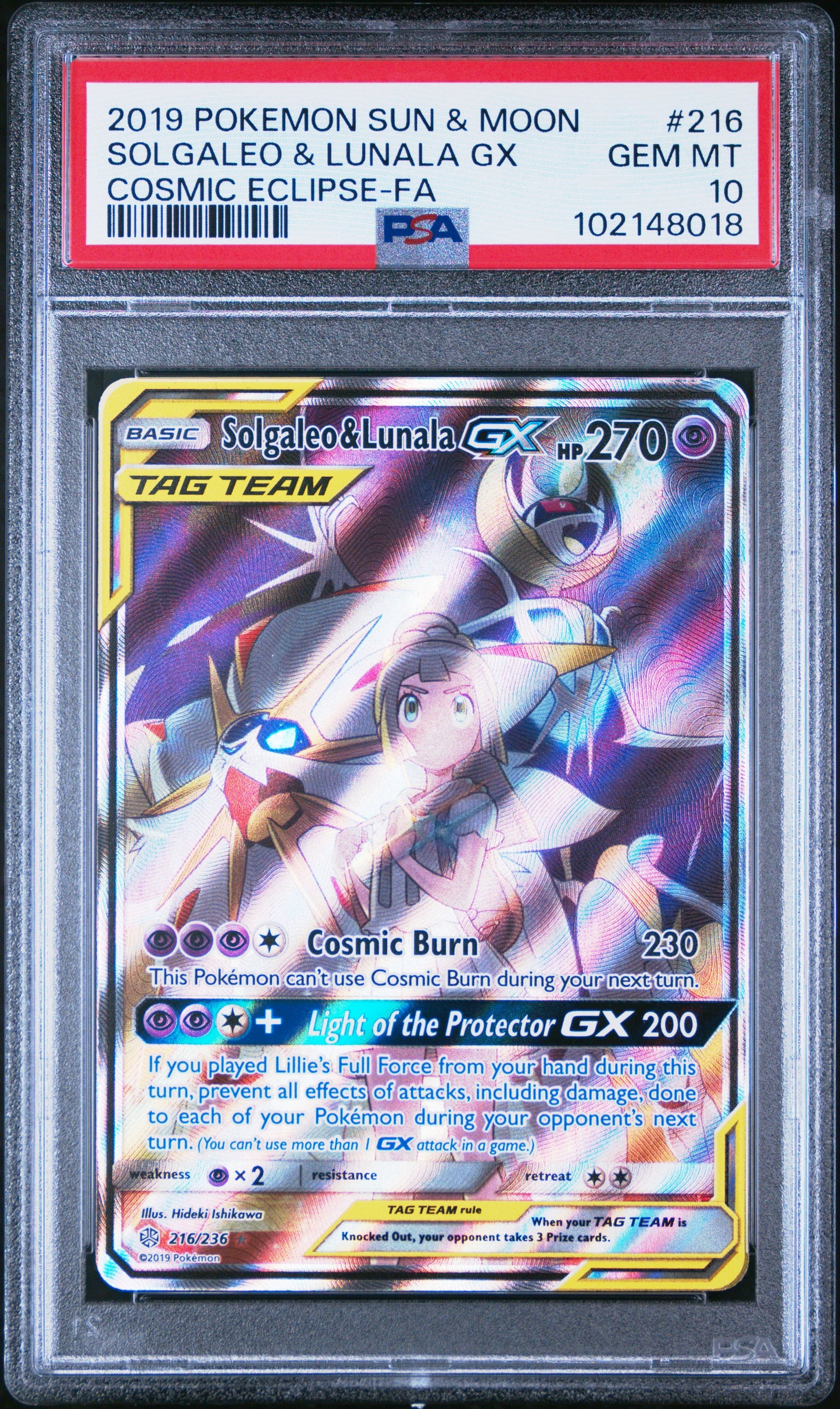2019 POKEMON SUN & MOON COSMIC ECLIPSE #216 SOLGALEO & LUNALA GX COSMIC ECLIPSE-FA PSA 10