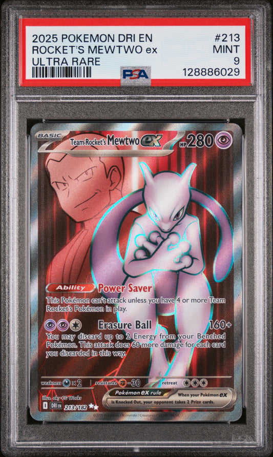 2025 POKEMON DRI EN-DESTINED RIVALS #213 ROCKET'S MEWTWO ex ULTRA RARE PSA 9