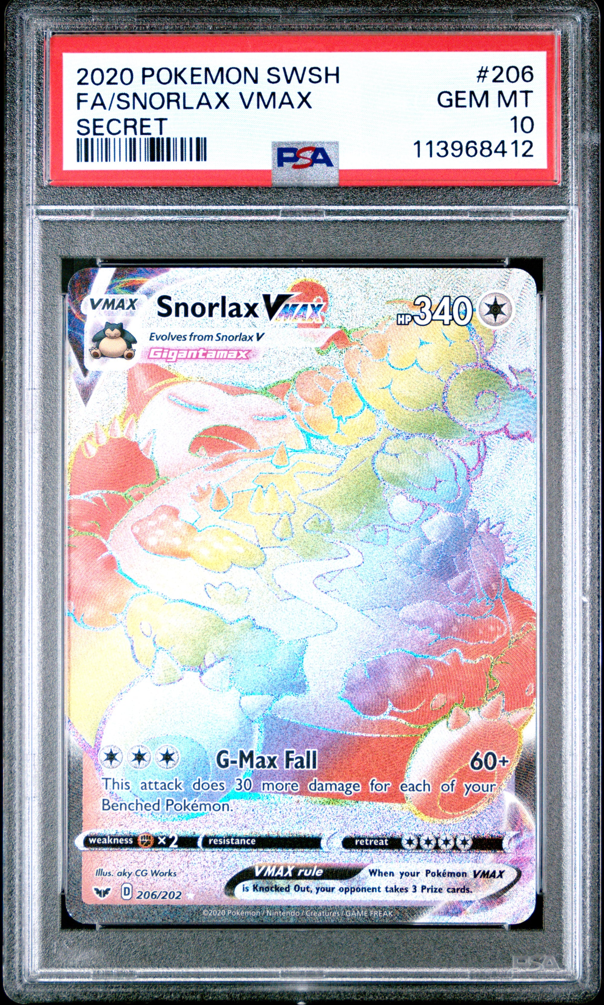 2020 POKEMON SWORD & SHIELD #206 FA/SNORLAX VMAX SECRET PSA 10