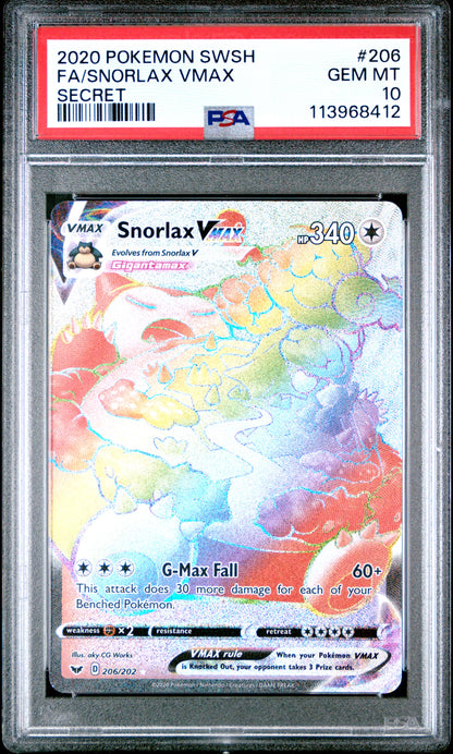 2020 POKEMON SWORD & SHIELD #206 FA/SNORLAX VMAX SECRET PSA 10