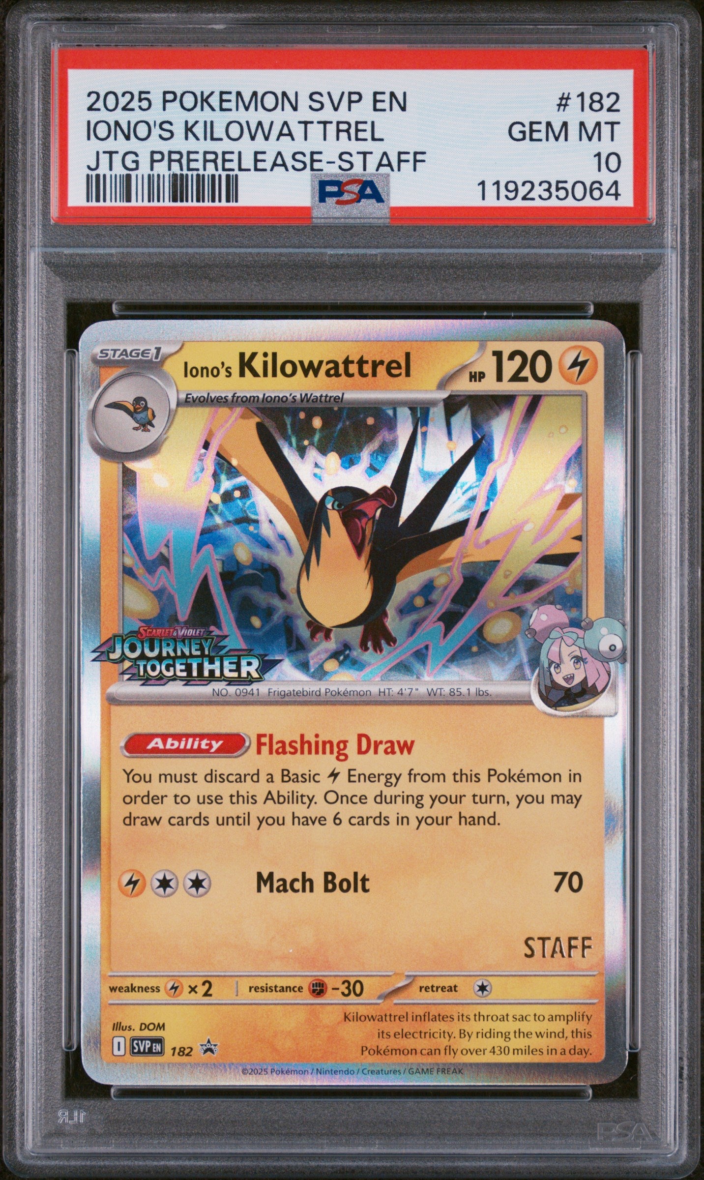 2025 POKEMON SVP EN-SV BLACK STAR PROMO #182 IONO'S KILOWATTREL JTG PRERELEASE-STAFF PSA 10